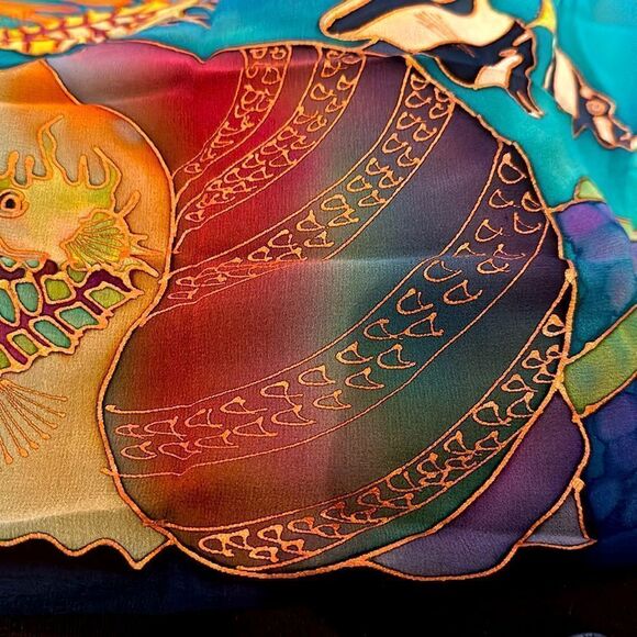 Silk chiffon Lee Caldwell tropical ocean fish hand painted scarf 29” square - Picture 9 of 14